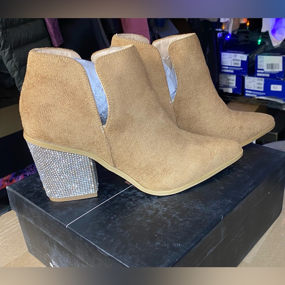 Elegant Tan Ankle Boots with Rhinestone Heel